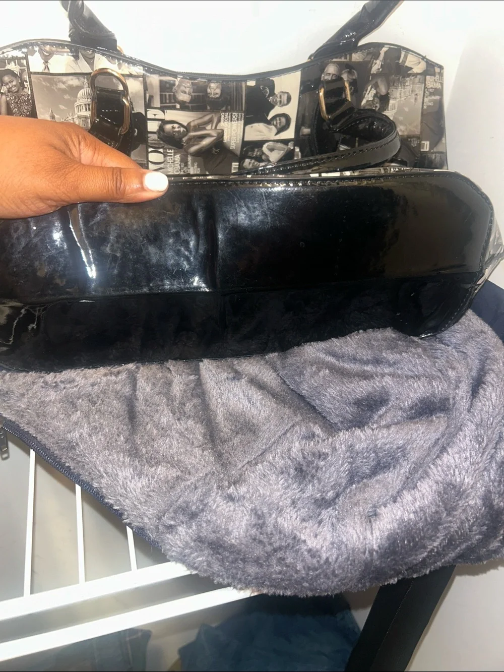 Black Photo-Collage Patent Tote with Gold Hardware